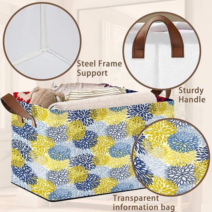 Floral Chrysanthemum Storage Basket Large 17x11.5x10.5 Inche-Collapsible Fabric Organizer Bin with Handles for Seasonal Decor,Living Room,Porch-Decorative Hamper with Elegant Blossom Pattern-1 Pack