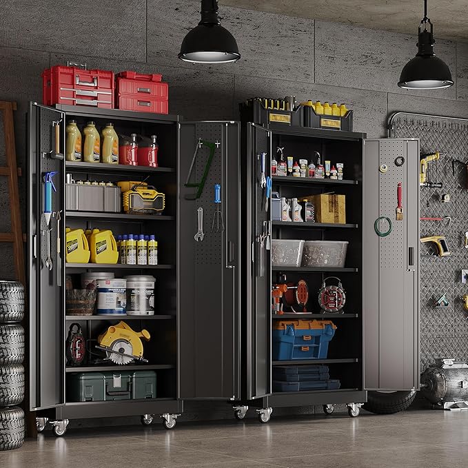 Reemoon Metal Garage Storage Cabinet with Wheels and Pegboard, 71" H, Black | 5 adjustable 170 lb shelves, lockable doors, door pegboard and 4 removable casters for garage, workshop and utility storage.