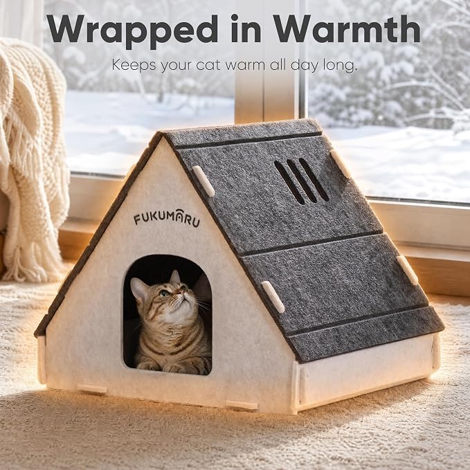 FUKUMARU Cat House Cave Bed for Indoor Cats, Large Warm Felt Cat Hideaway | Scratch-Resistant Cat Cave, Kitten Hideaway for Timid Cat & Small Pet, Modern Sturdy Cats House Condo, Easy to Assemble