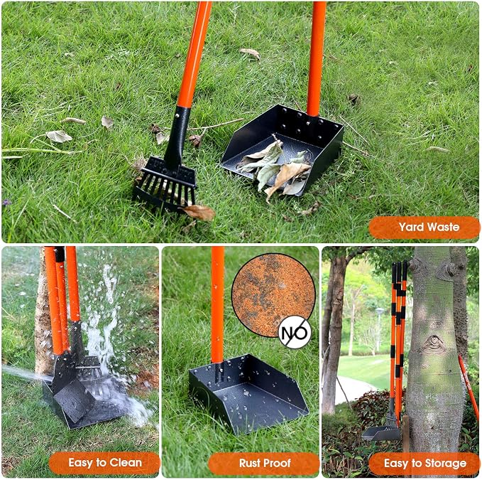 Pooper Scooper, Long Handle Dog Poop Scooper for Medium Small Dogs | Heavy Duty, Pet Supplies Metal Tray Rake Spade,Stainless Steel,Rust-Resistant, 37"+ Handle No Bend, Use on Grass Dirt Gravel