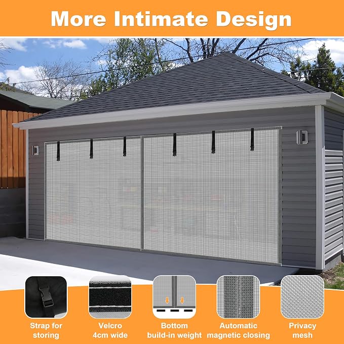 Privacy Garage Door Screen Blackout for 1 Car Garage-8x8FT Privacy Silver Grey Heavy Duty Magnetic Garage Screen, Hands Free, Magnetic Privacy Garage Screen Door