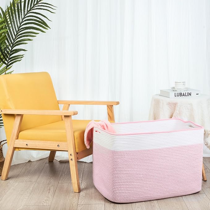 112L Extra Large Blanket Basket Holder Living Room, 25"x17"x16" Rectangle Rope Woven Storage Basket with Handles for Laundry, Towels, Shoes, Dog Toy Organizer Bin Box, Light Pink