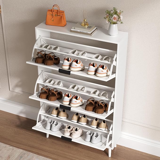 BORNOON Shoe Cabinet for Entryway with 3 Flip Drawers, Slim Wooden Shoe Storage Organizer with Modern Fluted Pannel，Freestanding Narrow Hidden Shoe Rack for Hallway, Foyer, Living Room