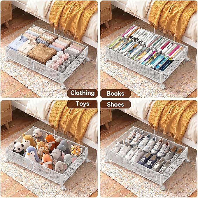 Under Bed Storage with Wheels,Patterned,Sturdy Metal,2 Pack,White | Tool-free assembly, glide smoothly, easy reach, foldable, maxmazie low-profile beds, dorm, keep seasonal clothes, shoes fresh