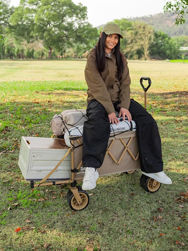Whitsunday Collapsible Folding Wagon Heavy Duty Utility Beach Wagons with Opened Tailgate and All-Terrain Wheels for Camping,Garden,Sports Khaki