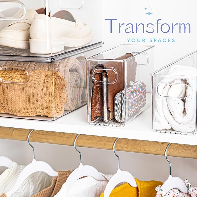 Plastic Food Storage 2 Pack Clear Container Bin with Handles for Organizing Kitchen, Pantry, Refrigerator, Freezer, Pantry, Cabinet, Closet, Bathroom. 10”x4”x6”