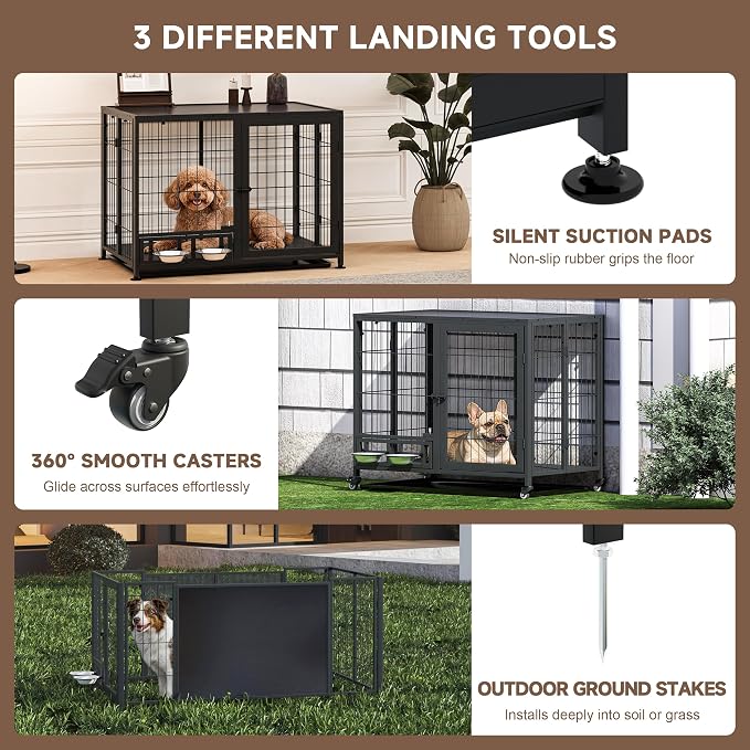Heavy Duty Dog Crate for Medium Dogs, 3 in 1 37.8" Foldable Collapsible Dog Kennel & Playpen with Wheels & Feeding Bowls, Escape-Proof Metal with Lockable Door for Indoor Outdoor Use, Black