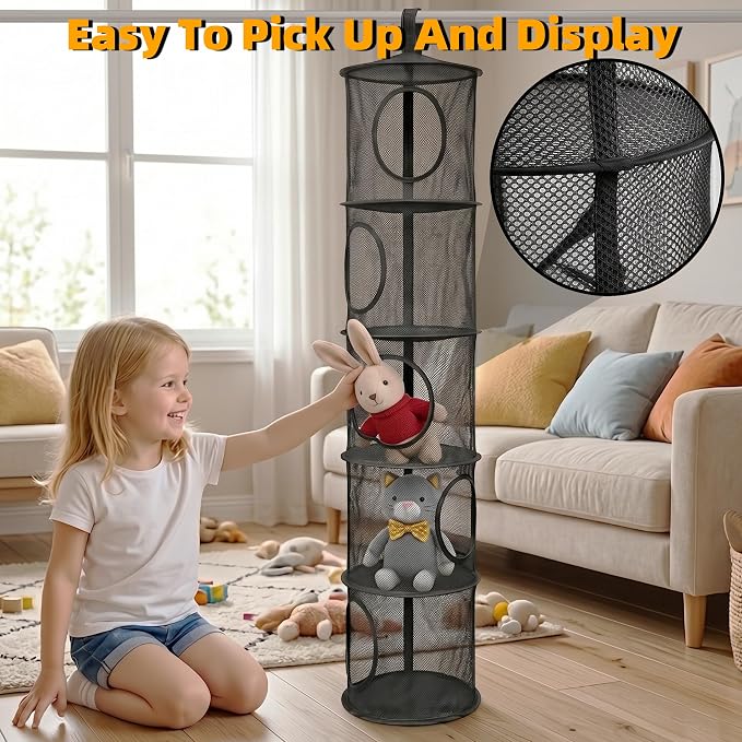 Hanging Stuffed Animal Storage Hammock Net 5 Tiers, Black | Hanging Mesh Storage Organizer for Kids Room, Holds Plushies, Gloves, Hats, Socks, Foldable Space-saving Design
