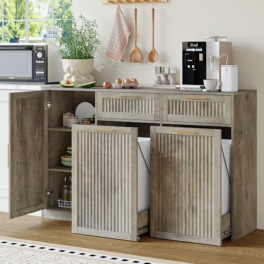Double 13 Gallon Pull Out Trash Can Cabinet with Storage Cabinet,Wood Grey | Pet Proof Hidden Garbage Can Cabinet,3-Tier Shelves,Fluted Design,Extra Drawer Space,Kitchen & Dining Room Organization