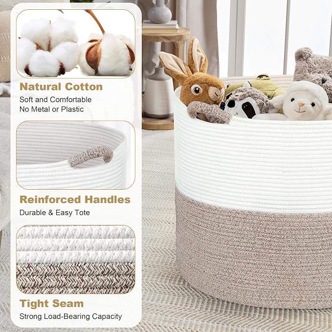 XXXXL 125L Extra Large Blanket Basket, 24.8" x 16" Jumbo Woven Basket (Includes 2 Cute Baskets), Cotton Rope Basket with Handle for Living Room, Baby Toys Nursery, Laundry (White/Light Grey)