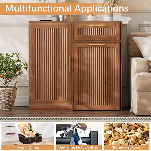 13 Gallons Pull Out Trash Can Cabinet with Storage, Fluted Pet Proof Trash | Kitchen Trash Cabinet with Adjustable Shelf & Drawer, Hidden Garbage Can Cabinet for for Laundry, Living Room