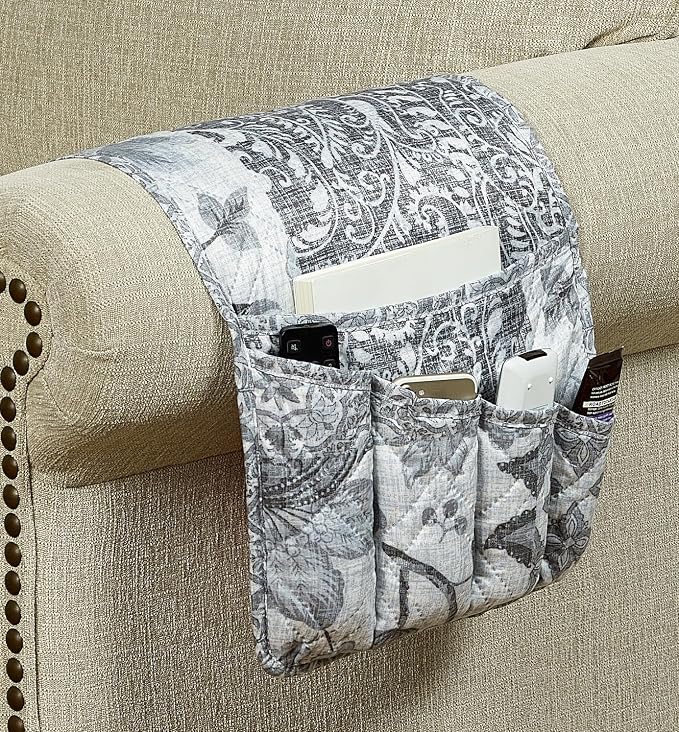 Brilliant Sunshine Grey Flowers Patchwork Couch Armrest Cover, 35"×13" | Washable Magazine Holder, Armrest Organizer & Caddy on Sofa, Recliner, Armchair, Storage for Remote Controls, Phone, iPad