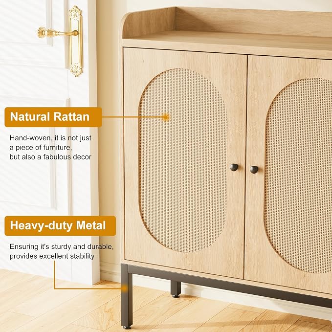 GarveeHome Rattan Shoe Cabinet with 3 Flip Doors, 8-Tier Freestanding Shoe Storage Cabinet with Adjustable Shelves, Large Capacity Shoe Organizer for Entryway, Closet, Natural Oak