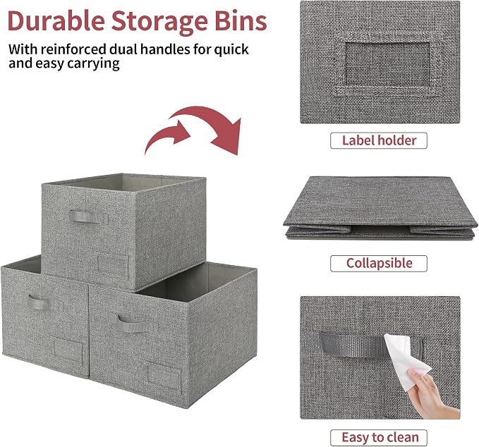 GRANNY SAYS Closet Storage Bins with Label, Dark Gray, Large, 3-Pack | Closet Storage Bins, Fabric Bins with Label Holder, Shelf Baskets for Organizing, Wardrobe Clothes Storage Boxes