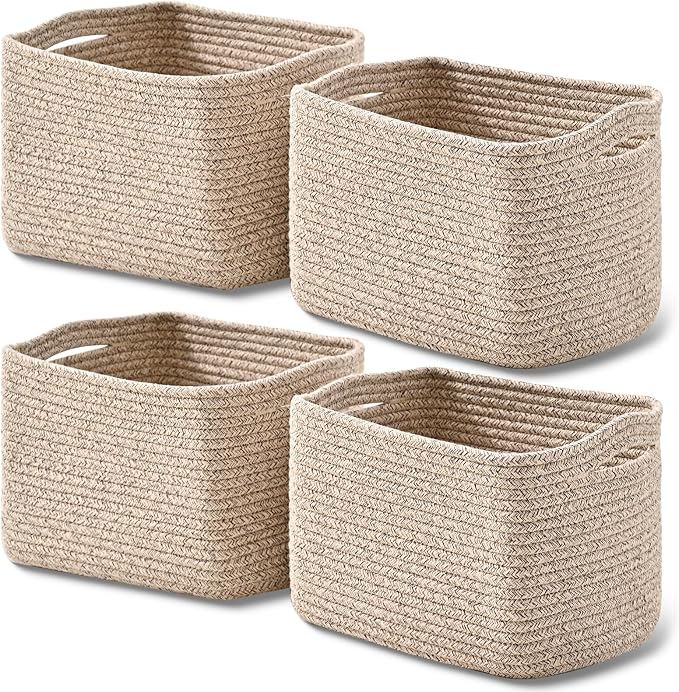 ICERZCZ Small Storage Baskets for Shelves Organizing, Woven Cotton Rope Baskets for Storage, Book Basket, Decorative Shelf Basket, 12.5"Lx9.1''Wx7.9''H (4 Packs) Mixed Brown