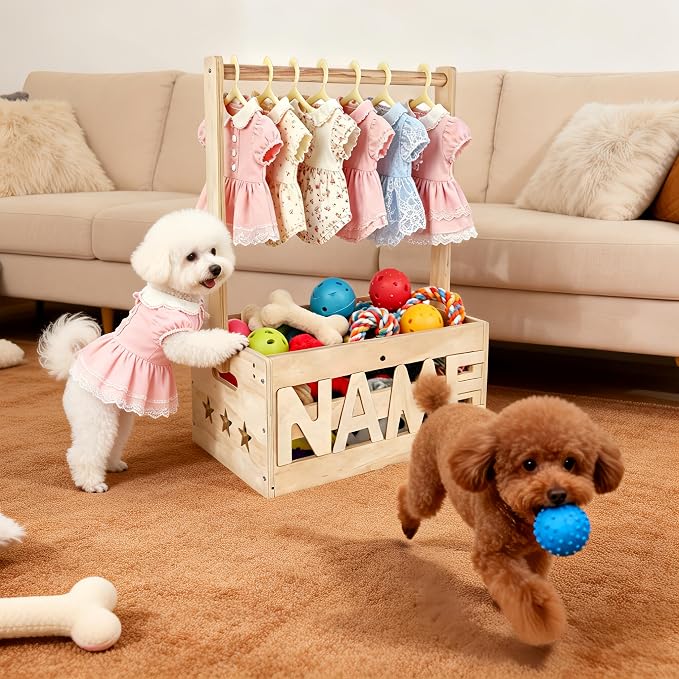13.5"x9.5"x20.1" Wooden Pet Wardrobe Closet with Hangers, Personalized Alphabet Letters & Sticker, Easy Assembly Crate for Dog/Cat Closet, Dog Closet Organizer for Toys Clothes and Accessories