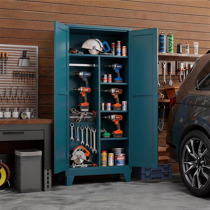 71" H Metal Garage Storage Cabinets,Broom Closet Storage Cabinet,Utility Cabinet,Blue Storage Cabinets