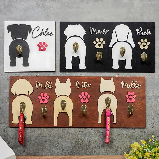 Personalized Dog Leash Holder Wall Mount, Custom Dog Butt Harness Wall Hanger Organizer with Name, Hooks for Leashes, Collars, Keys, Funny Leash Rack for Entryway, Gift for Pet Lovers, Home Décor