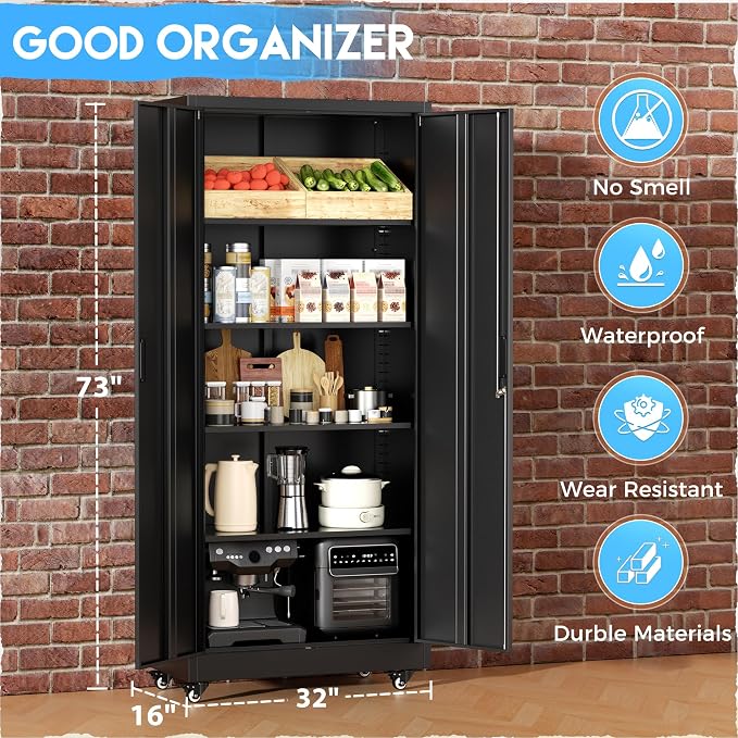 Greenvelly Metal Garage Storage Cabinet with 4 Swivel Wheels, 73" Black Storage Cabinet on Wheels, Rolling Tool Cabinet with Locking Doors and Shelves for Garage, Basement, Home, Warehouse