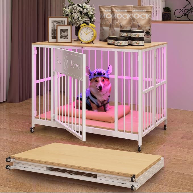 39" Foldable Dog Crate Furniture, Natural Wood | Wooden Construction, RGB Ceiling Lights, Silent Casters, Multi-Purpose End Table TV Stand, For Small Medium Dogs