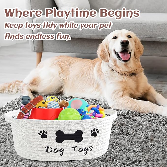 Bufims Small Woven Dog Gifts Basket for Storage Empty Dog Toy Bins Organizer with Ribbons and Bags Durable Cute Pet Gifts 12"X 8" X 5" Small Rope Basket for Gifting