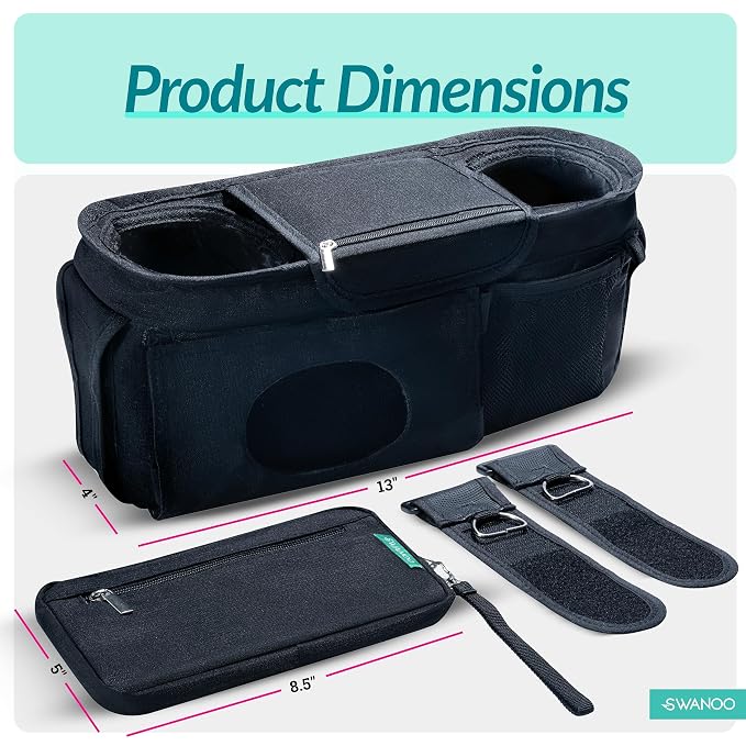 Swanoo Stroller Caddy Organizer, Cup Holder, Wipes Pocket, Non-Slip, Black