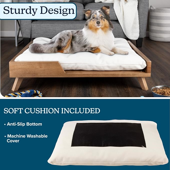 PETMAKER Elevated Dog Bed for Medium to Large Pets, Natural, 36” x 29.5” | Indoor Medium Dog Bed with Solid Wood Frame and Soft Cushion, Mid-Century Modern Raised Pet Furniture