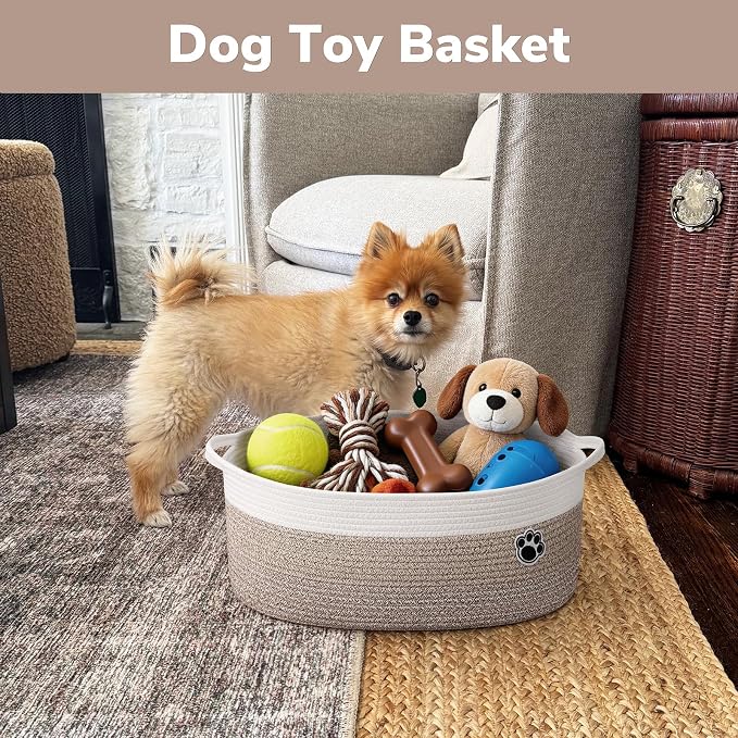 30L Large Woven Rope Dog Toy Basket with Paw Print, Mixed Brown | 19.7" x 11" x 7.9" Dog Toy Bin & Box with Handles, Storage Basket for Blankets Towels, Fits Living Room Nursery Bedroom