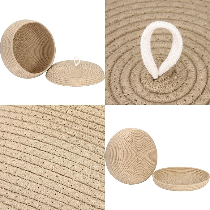 Sea Team Round Woven Cotton Rope Storage Basket with Lid, Khaki | Lidded Knitted Decorative Storage Bin, Pot, Caddy, Organizer, Container for Snacks, Towels, Plants, 13 x 5.5 Inches