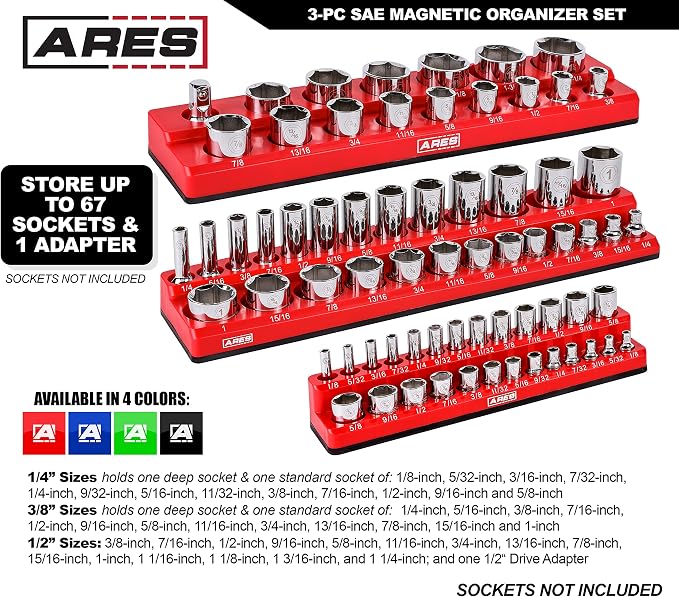 ARES 60035 3-Pc 1/4,3/8,1/2-In Red/Green SAE Magnetic Socket Organizer | Part No. 60035; RED -Includes 1/4 in, 3/8 in, 1/2 in Socket Holders