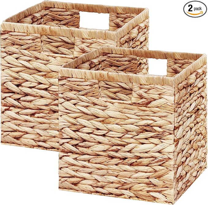 Vagusicc Wicker Storage Basket, Set of 2 Handwoven Water Hyacinth Storage Baskets for Organizing, 13 inch Foldable Storage Cubes with Handles for Laundry Organizer Bins for Bathroom Shelves & Decor