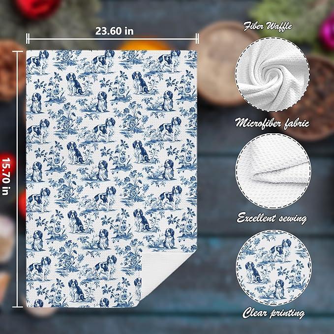 Chinoiserie Cavalier King Charles Spaniel Kitchen Towels Set of 2,Blue and Pink Floral Cavalier Spaniel Grandmillennial Dog Hand Towels Decorative for Kitchen Bathroom Decor, 16x24 Inch