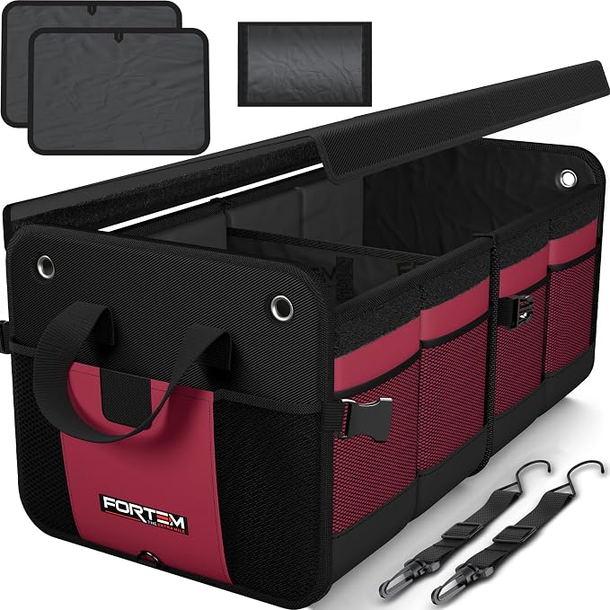 FORTEM Trunk Organizer - Collapsible Car Organizer & Storage Bag for SUVs | Car Accessories for Men & Women, Cooler Bag, Non Slip Bottom, Straps, Soft Cover, 1680D Oxford, 3 Compartments, Red, 50L