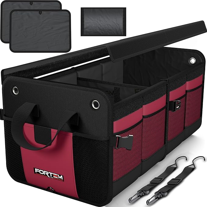 FORTEM Trunk Organizer - Collapsible Car Organizer & Storage Bag for SUVs | Car Accessories for Men & Women, Cooler Bag, Non Slip Bottom, Straps, Soft Cover, 1680D Oxford, 3 Compartments, Red, 65L