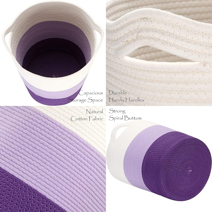 Sea Team Large Woven Cotton Rope Laundry Basket with Handles, 20 x 14 in | Collapsible Knitted Hamper, Closet Shelf Organizers, Containers for Clothing, Blankets, Toys, Bedding, Lavender