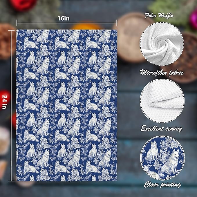 Chinoiserie Siberian Husky Kitchen Towels,Siberian Husky Dog Gifts Decorative Dish Tea Towels,Blue and White Grandmillennial Botanical Dog Floral Hand Towels for Kitchen Bathroom, 16x24 Inch