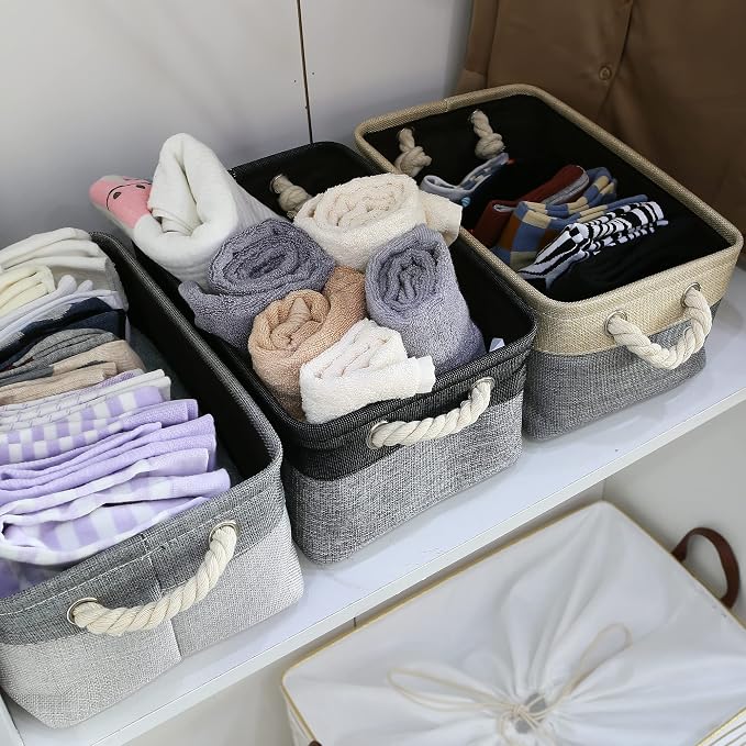 Sea Team Compact Rectangle Canvas Open-Top Storage Baskets, 3-Pack | Collapsible Fabric Storage Bins with Handles, Closet Shelf Organizers, 12 x 8 x 5 Inches, Ash Gray & Gray