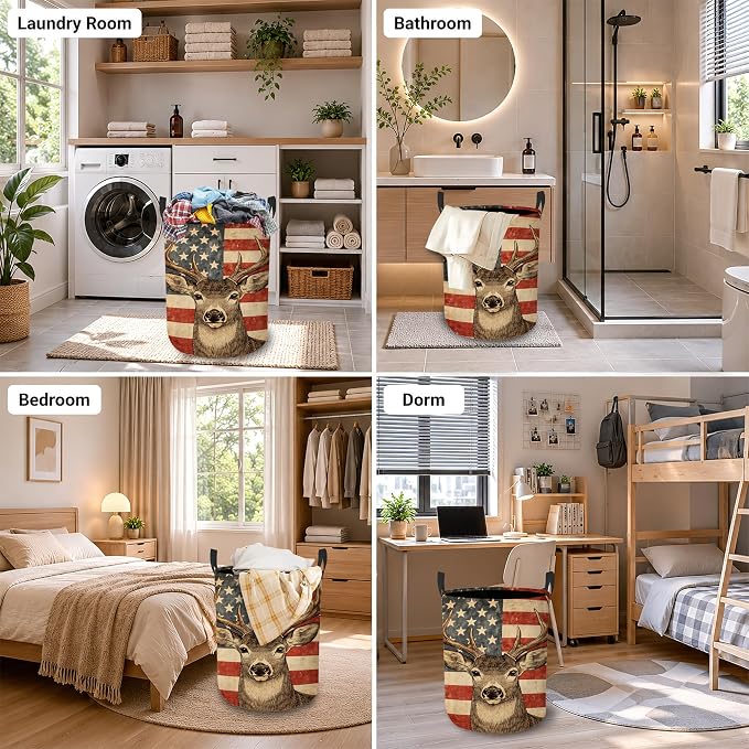 Retro Deer Laundry Hamper, American Flag Laundry Baskets, Waterproof Oxford Cloth for Room/Bathroom/Bedroom/Dormitories 16x20.8 Inch