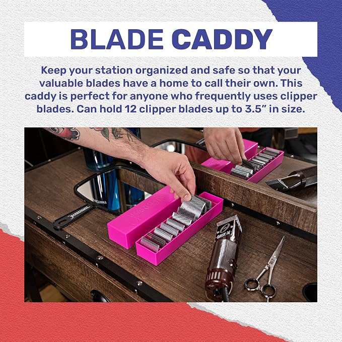BarberMate 12-Slot Clipper-Blade Caddy, Grooming and Barber Blade Organizer, Professional Barber Supplies, Barber Case and Stylist Station Accessories, (Pink)