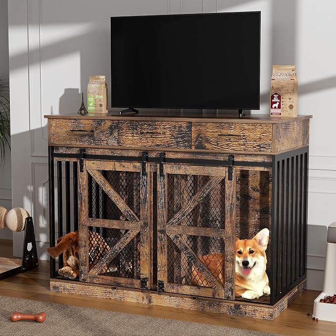 Spacesea Large Dog Crate Furniture with Sliding Barn Door, 48" Wooden Dog Kennel Indoor End Side Table for Home Decor, Removable Divider, 3 Drawers, Furniture Style Dog Crate TV Stand