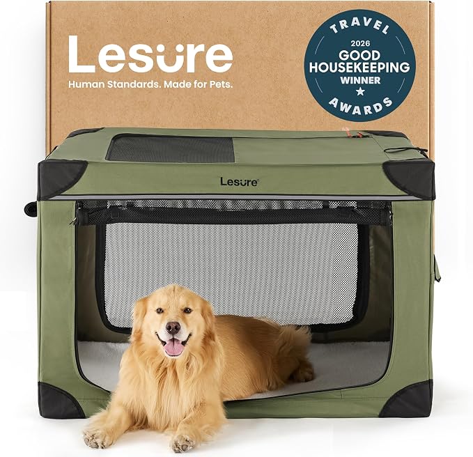 Lesure Shown on Today Show Soft Collapsible XL Dog Crate, 42in Green | Portable Travel Camping Pet Kennel, 4-door, Indoor Outdoor Use, Easy to Set Up and Fold, For Extra Large Breeds Up to 90 lbs