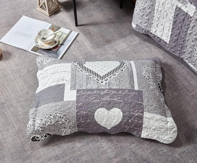 Brilliant Sunshine Grey Heartlove Pillowshams Set, 20"x26"+2" | Patchwork Design, Quilted Standard Pillowcases, Washable Scallop Edge Pillow Covers, Pack of 2