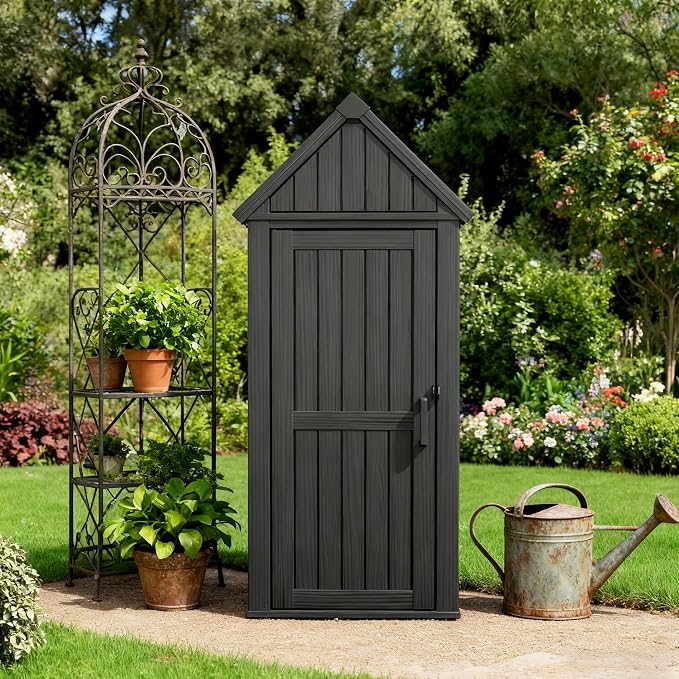 Vertical Outdoor Storage Shed, Waterproof Resin Outdoor Storage Cabinet with Removable Shelves & 12 Hooks, Lockable Small Tool Shed for Garden, Backyard, Patio, Pool, Classic Black
