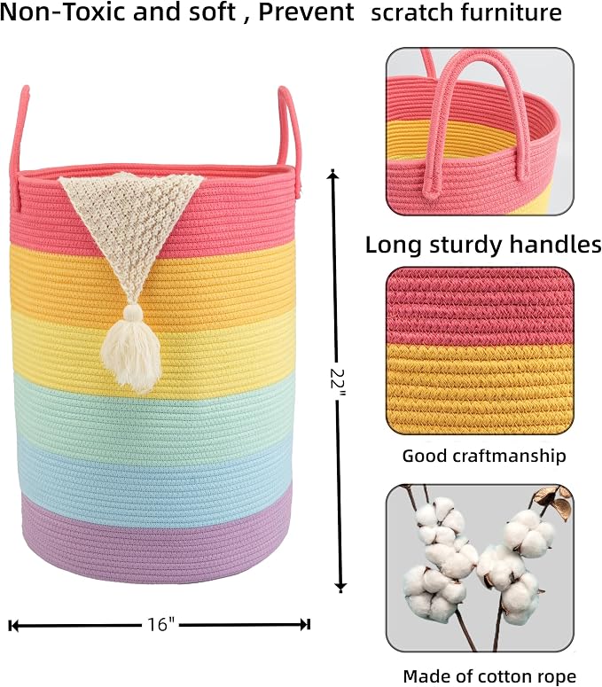 Woven Cotton Rope Laundry Basket Hamper 16" x 22" Large Rainbow | Rope storage basket for dirty clothes, toys and blankets. Perfect for bathroom, baby nursery and living room storage.