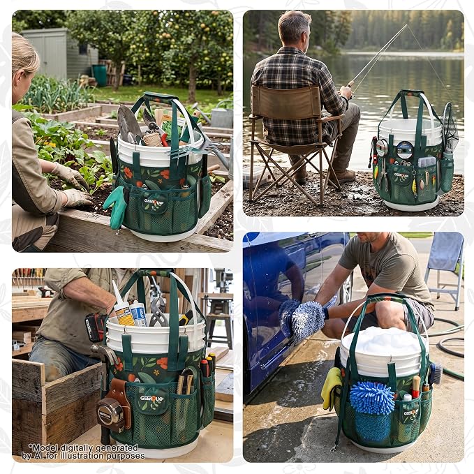 Bucket Tool Organizer - Multi-Purpose Garden Tool Caddy Fits 3.5 to 5 Gallon Buckets - Heavy Duty 600D Tool Bag Pouch with Mesh Pockets for Car Wash, Fishing, Construction (Green Flower)