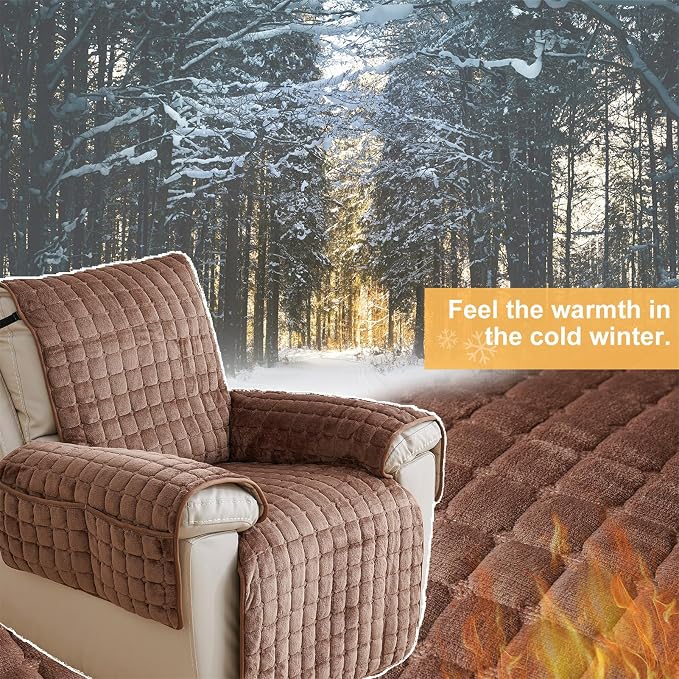 Polyester Flannel Recliner Cover, Non-Slip with 2 Side Pockets | Soft short-pile polyester with silicone backing guards armrests from pet scratches; thick one-piece cover, machine washable.