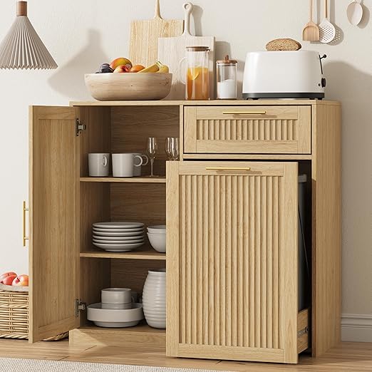 13 Gallons Pull Out Trash Can Cabinet with Storage, Natural Oak | Fluted Kitchen Trash Cabinet with Adjustable Shelf & Drawer, Hidden Wood Pet Proof Trash Can Holder for Laundry, Living Room