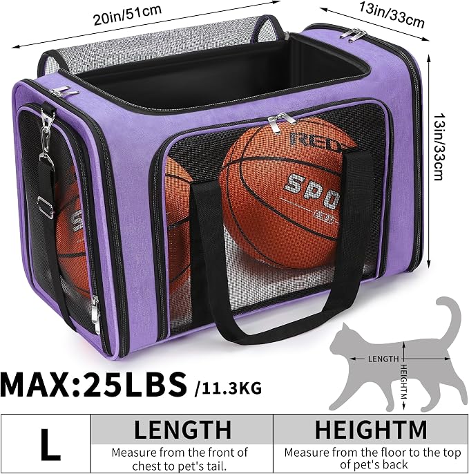Soft-Sided Cat/Dog/Pet Carrier, Collapsible Pets Travel Carriers | For Big Cats/Small Dogs with Shoulder Strap & Removable Mat, Mesh Puppy Carry Bag, Up to 25 Lbs, TSA Airline Approved(Purple)