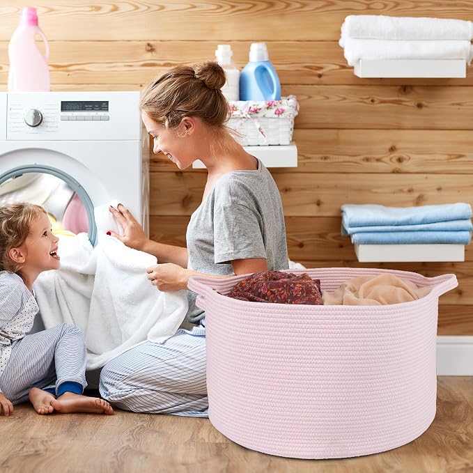 XUANGUO Extra Large Cotton Rope Round Storage Basket 22" x 14" Pink | Woven basket for blankets, toys, towels, laundry, nursery, living room and pet toy storage.