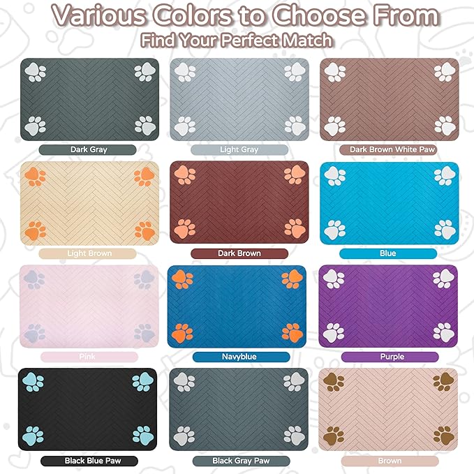 Pet Feeding Mat-Absorbent Dog Feeding Mat for Food and Water Bowl,No Stains Pet Placemat,Quick Drying Water Dispenser Mat for Dog and Cat,Easy to Clean Dog Accessories(M,Dark Brown White Paw)